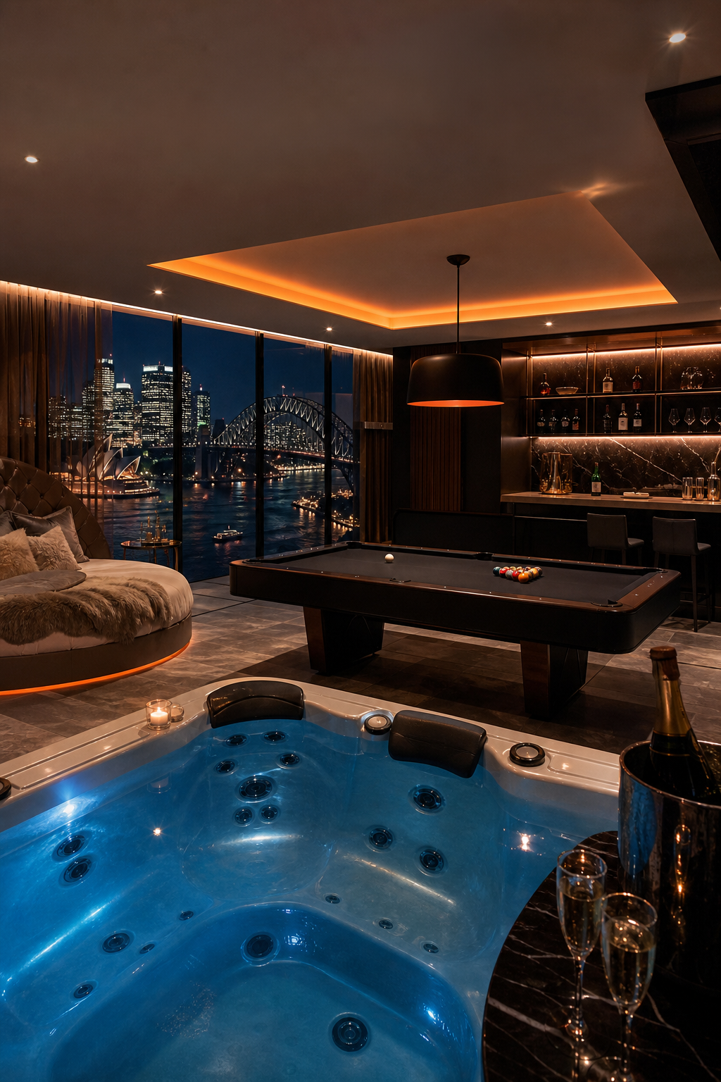 A luxurious brothel suite with a spa, pool table, and bar, styled in modern opulence with ambient lighting. Alt: Premium brothel suite in Sydney with luxury amenities.