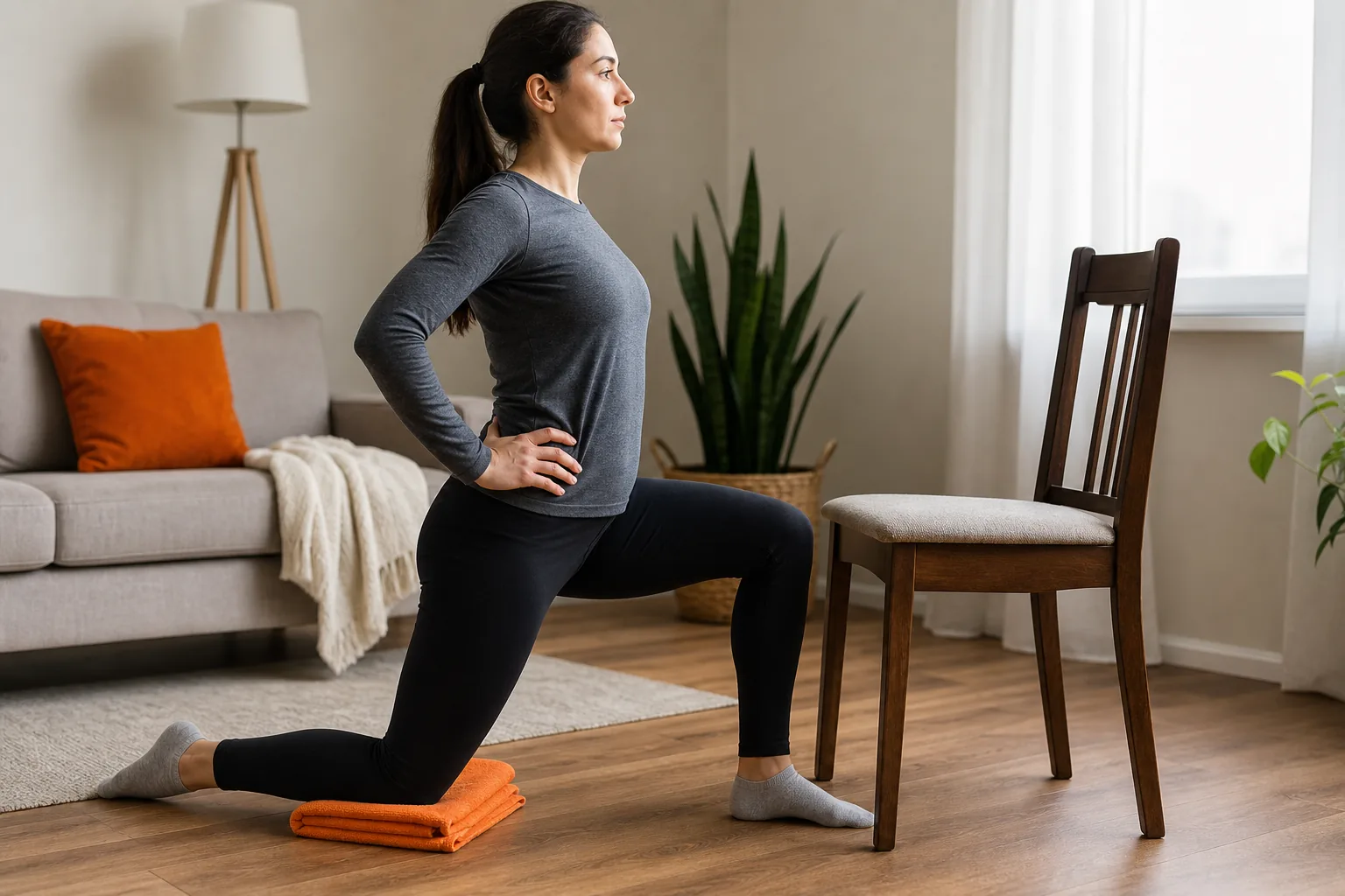 half kneeling hip flexor stretch with pelvic tuck