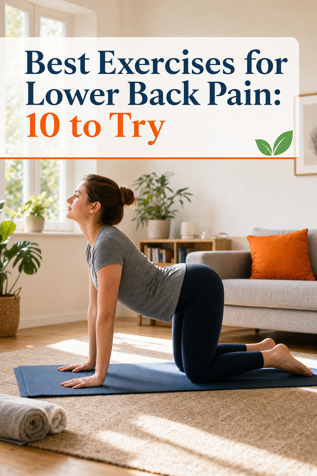 A photorealistic scene of a person on a yoga mat in a bright home living room performing the cat-cow stretch on hands and knees, warm natural light, orange accent cushion in the background. Alt: woman doing cat-cow exercise for lower back pain relief at home
