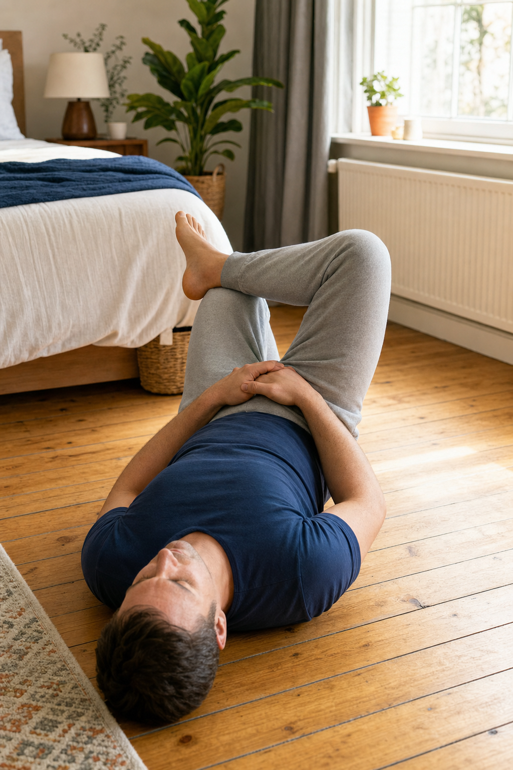 A photorealistic scene of a person lying on their back on a wooden floor doing a figure-four hip stretch, one ankle crossed over the opposite thigh, calm bedroom setting with soft morning light. Alt: figure-four hip stretch for lower back pain relief