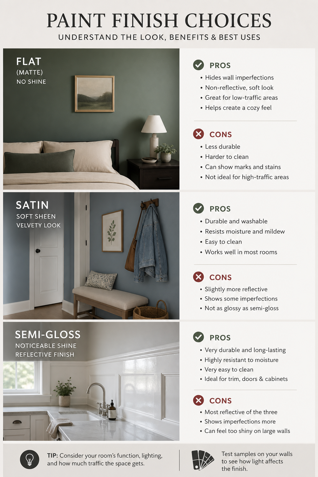Conceptual infographic showing flat, satin, and semi-gloss finishes and their pros/cons. Alt: finish choices infographic.