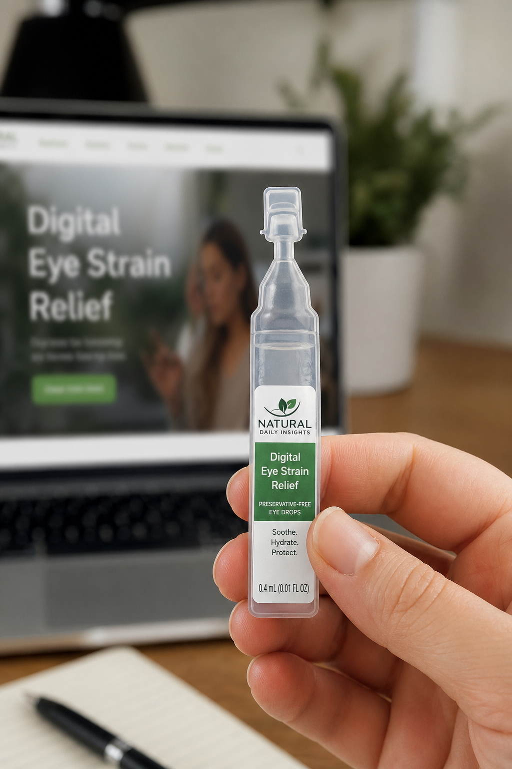 A photorealistic close-up of a hand holding a single-use preservative-free eye drop vial against a blurred background of a computer screen and desk. Alt: Preservative-free eye drop vial for digital eye strain relief.