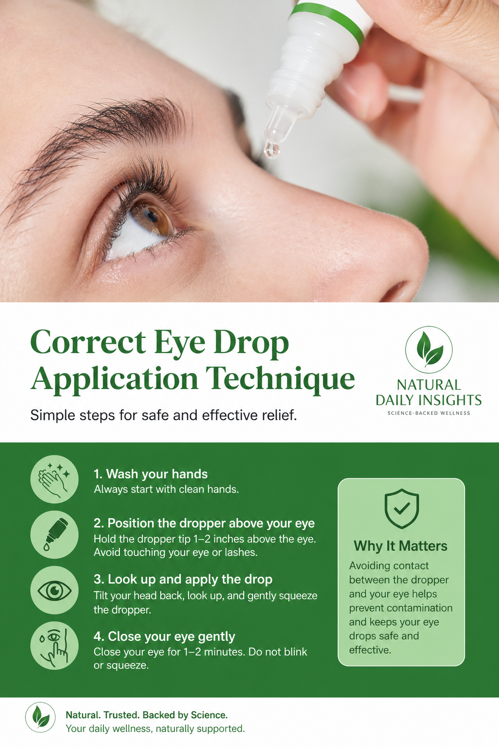 A photorealistic close-up of a person's eye with a dropper tip hovered above, demonstrating the correct technique to instill eye drops without touching the eye. Alt: Correct eye drop application technique to avoid contamination.
