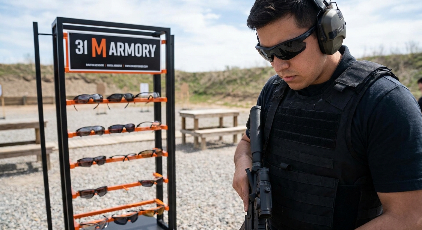 A realistic editorial scene of a shooter at an outdoor range wearing ballistic glasses, with an orange-accented 31 M Armory branded display of shooting eyewear in the background. Alt: 31 M Armory curated ballistic shooting eyewear selection displayed at an outdoor range.