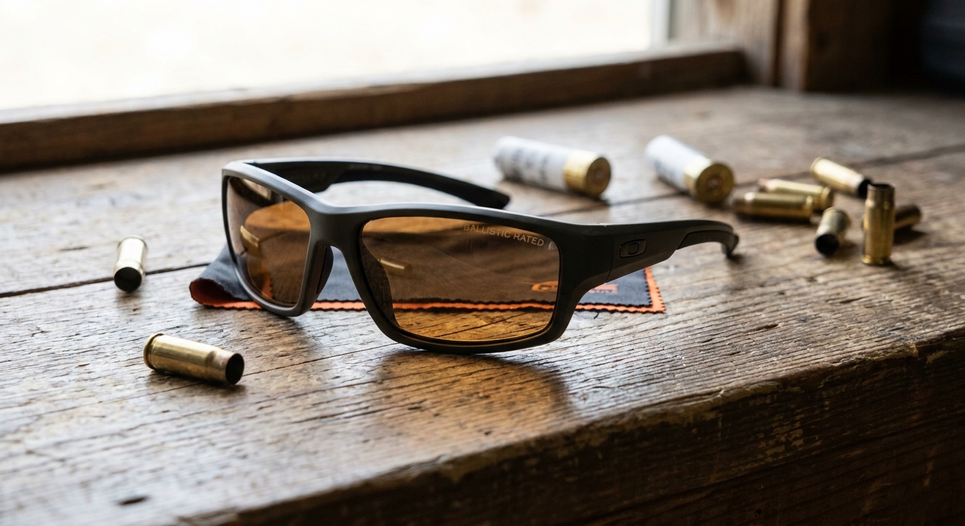 A close-up editorial photo of a pair of ballistic shooting glasses resting on a wooden range bench with brass casings nearby and soft natural light. Alt: Premium ballistic shooting glasses with MIL-PRF-32432 rating on a range bench.