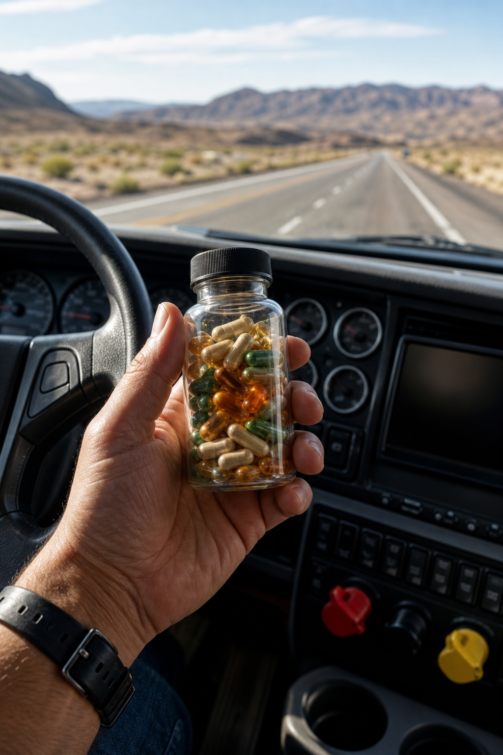 A close-up of a truck driver's hand holding a small supplement bottle with natural ingredients like lutein and zeaxanthin visible, set on a dashboard with a road ahead out the windshield. Alt: Natural Daily Insights Clarity Edition supplement for truck drivers
