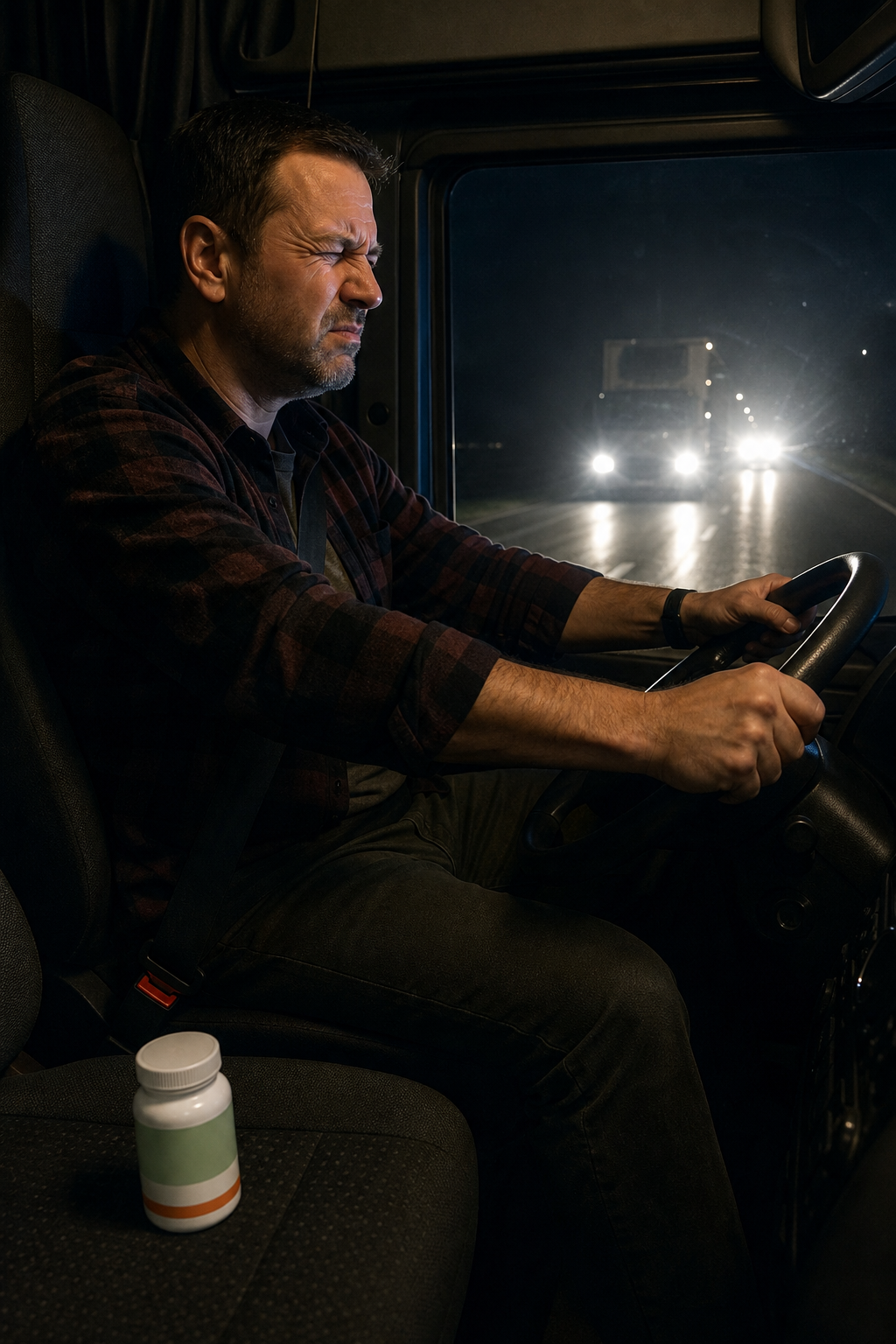 A truck driver squinting at bright oncoming headlights at night, with a bottle of a clinically formulated supplement resting on the passenger seat. Alt: clinically formulated supplement for night driving