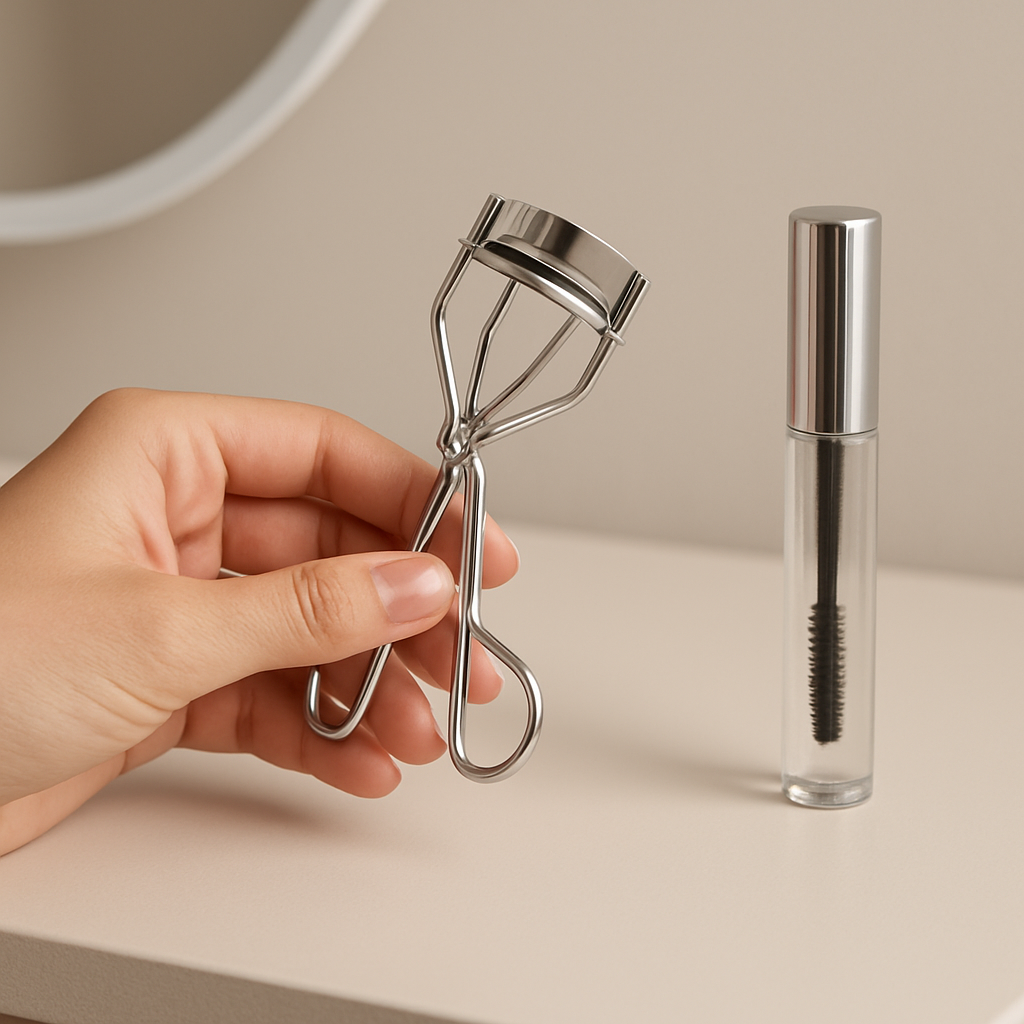 A photorealistic close‑up of a hand holding a sleek, silver eyelash curler with a curved clamp, positioned next to a clear mascara tube on a minimalist vanity. Alt: Budget-friendly eyelash curler under $20 for straight lashes, realistic style.