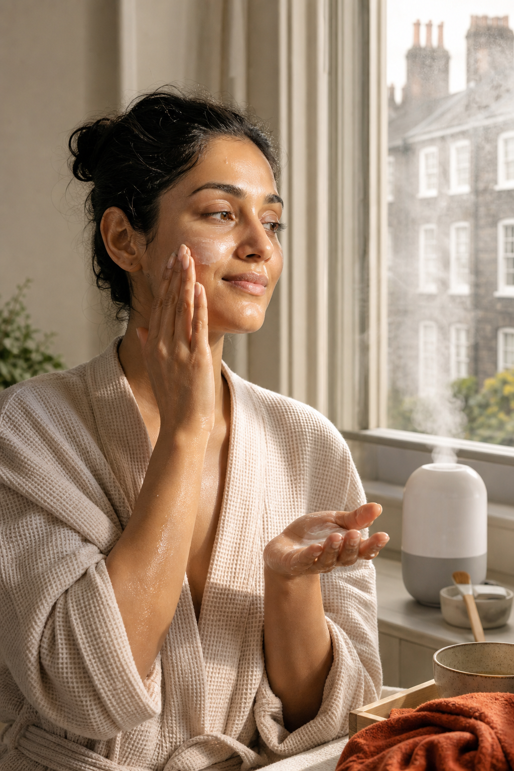 A photorealistic image of someone gently pressing moisturizer onto damp skin after washing, with a humidifier in the background and soft morning light. Alt: Applying moisturizer to damp skin for winter skin care routine