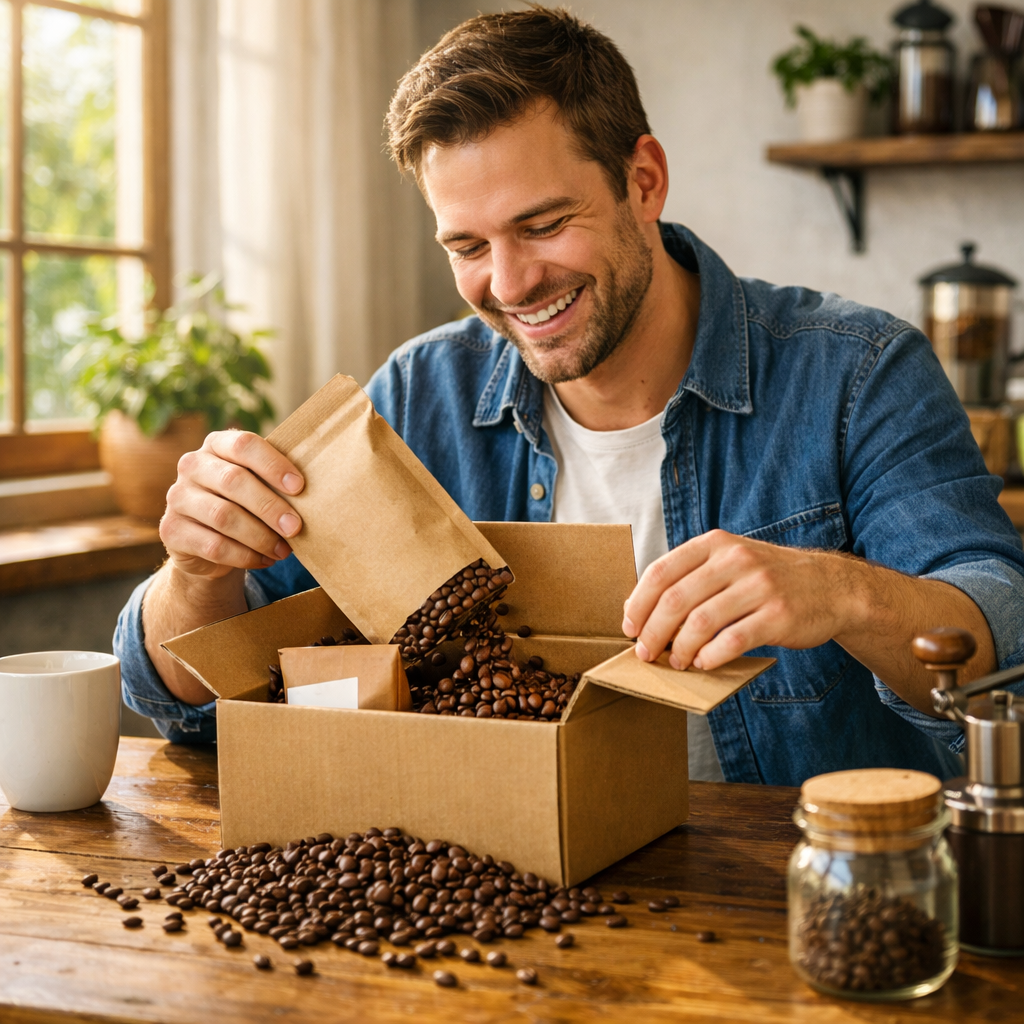 A realistic scene of a happy customer opening a coffee box at home, sunlight through a window, coffee beans spilling onto a wooden table. Alt: coffee subscription delivery joy