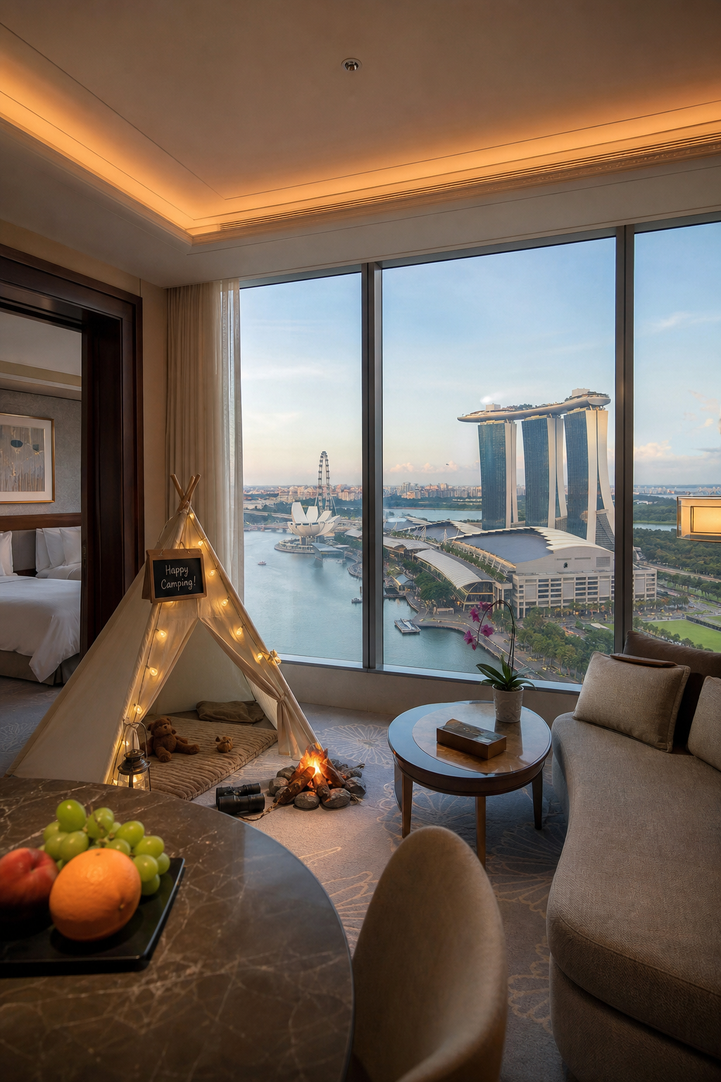 A photorealistic view of The Ritz-Carlton Millenia Singapore's two-bedroom suite with Marina Bay skyline through floor-to-ceiling windows, showing a children's camping tent set up. Alt: Ritz-Carlton Millenia Singapore family suite with Marina Bay views and kids camping experience.