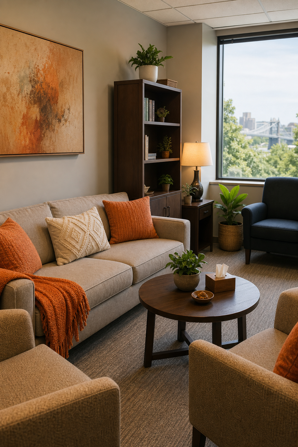 A warm, inviting therapy office with a couch and soft lighting, reflecting a calm and supportive environment. Alt: Family therapy office in Cincinnati