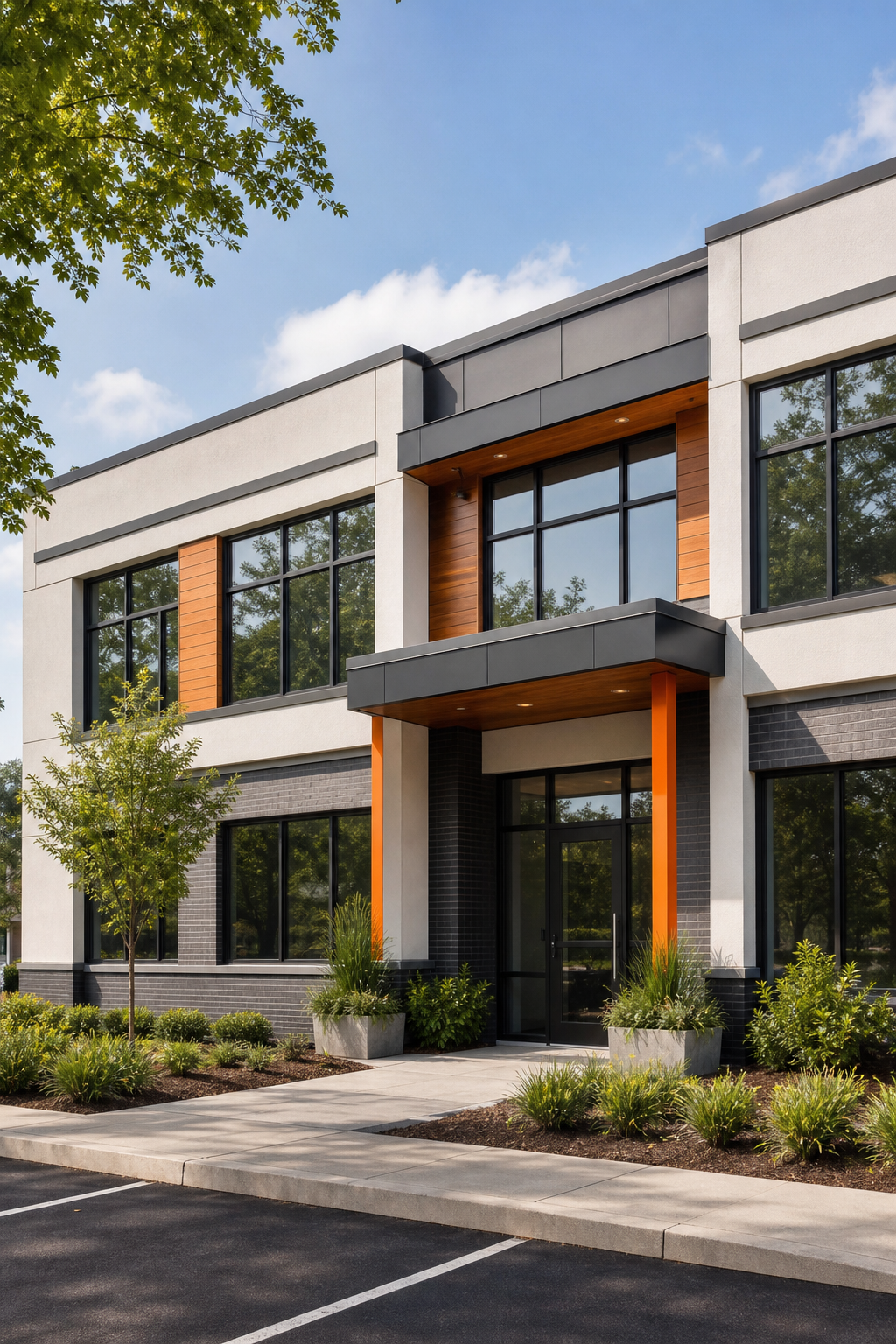 A modern office building exterior. Alt: Family therapy practice building
