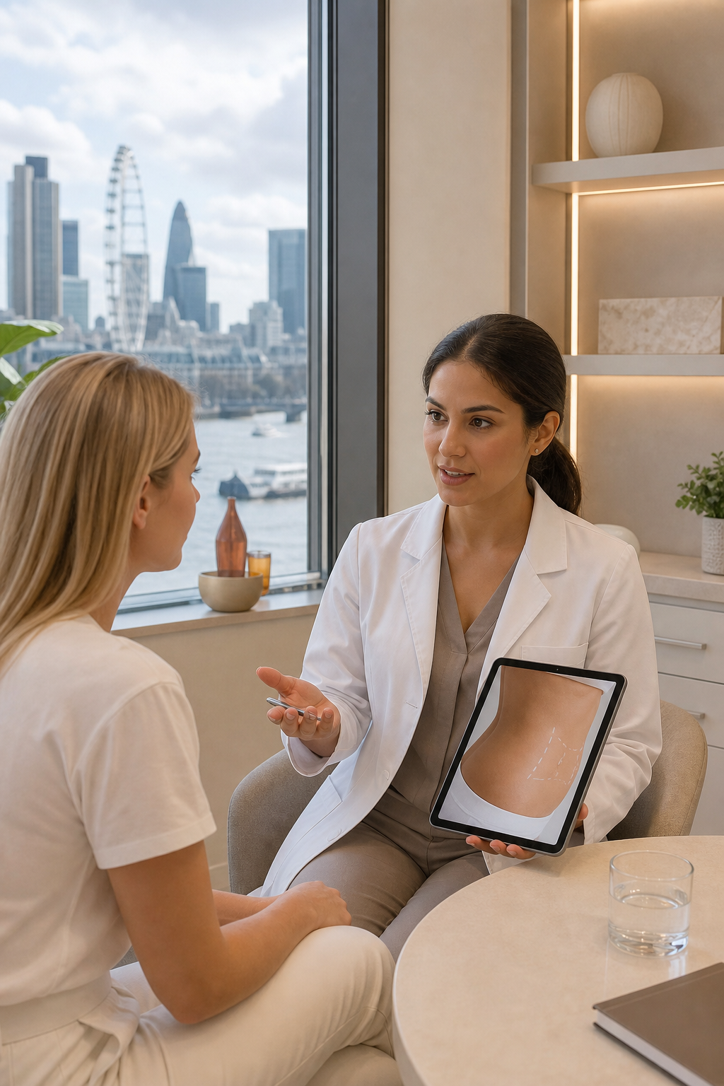 A realistic clinic scene showing a doctor in a white coat consulting a patient about injectable fat reduction, with a modern London backdrop. Alt: D'ALK Aesthetics consultation for Aqualyx injections