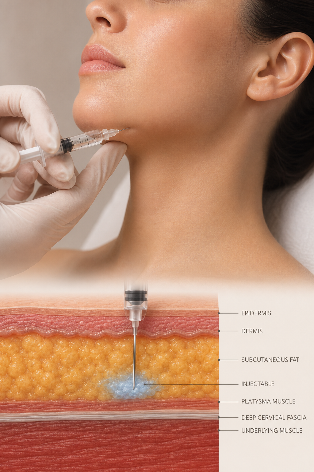 A photorealistic illustration of a syringe delivering a clear injectable into sub‑cutaneous fat, with labeled anatomy of the chin area. Alt: Aqualyx injection illustration