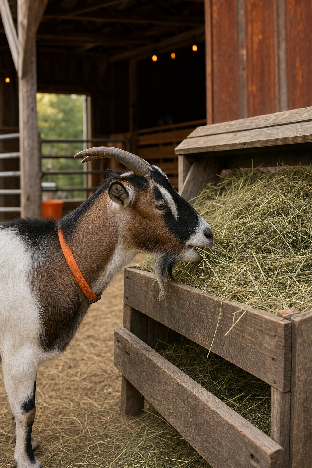 A photorealistic scene of a goat at a wooden hay feeder on a small farm, eating from a flake of quality grass hay, with a rustic barn in the soft background