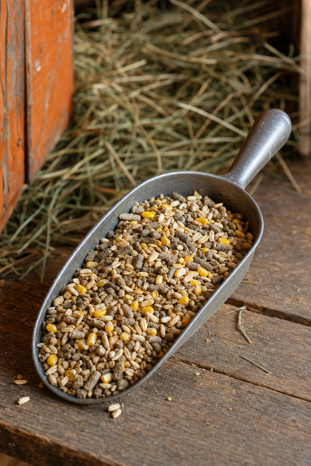 A photorealistic close-up of a small metal scoop filled with mixed goat grain feed resting on a wooden barn surface, with hay visible in the background