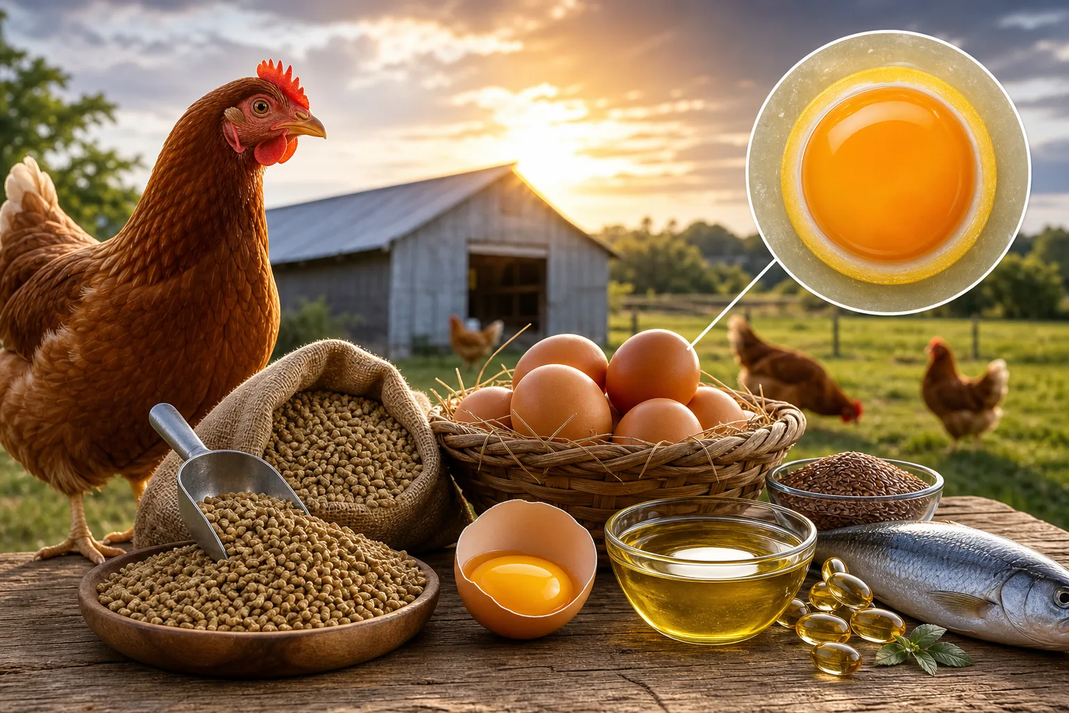 Purina® Layena®+Omega-3 16% Layer Hen Feed: visual reference for 2. Purina® Layena®+Omega-3 16% Layer Hen Feed, enriched eggs without pasture access