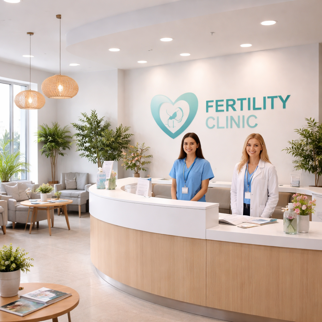 A photorealistic view of a modern fertility clinic reception with friendly staff, bright lighting, and a welcoming atmosphere. Alt: best fertility clinics Mexico reception area