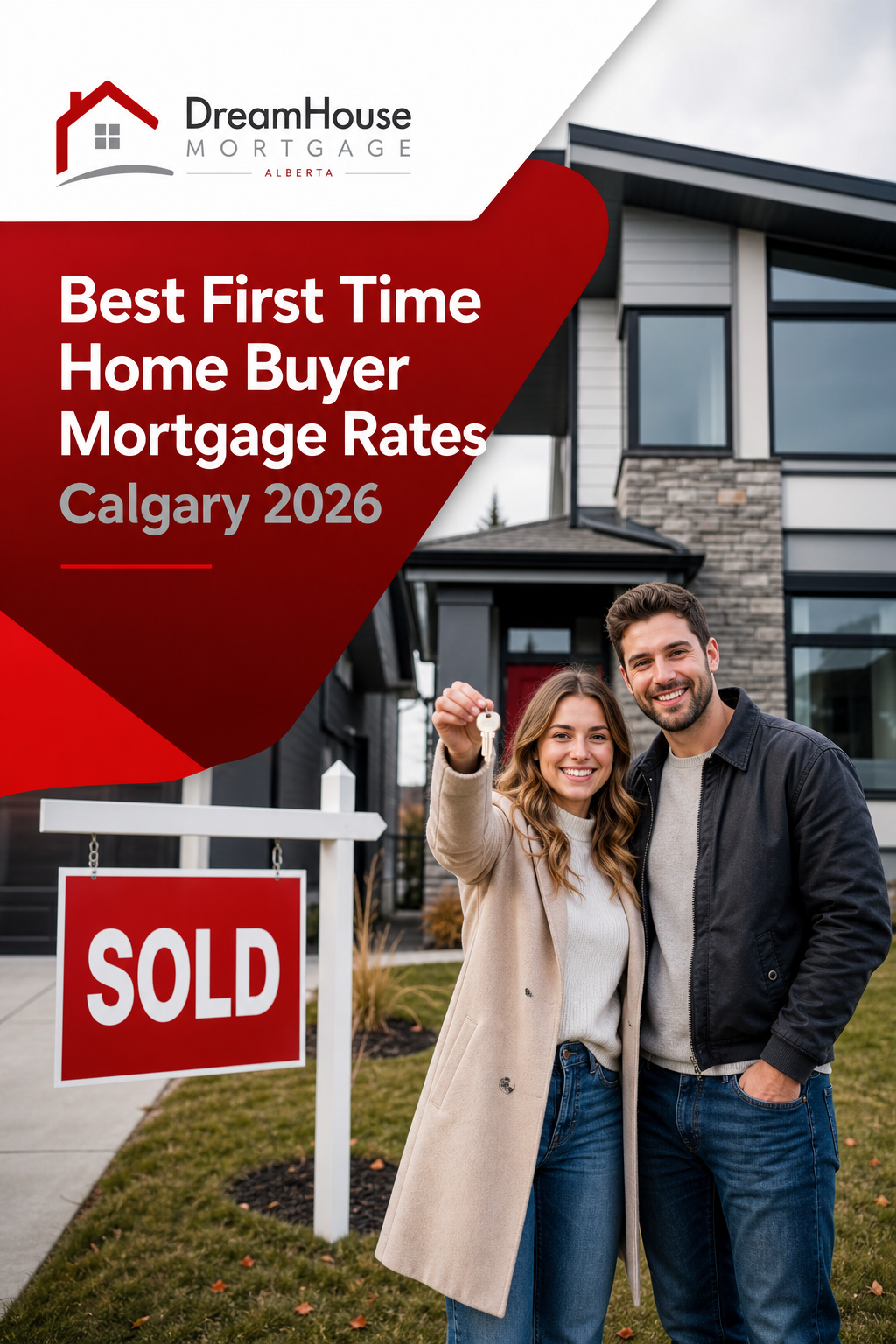 A photorealistic street scene of a young couple standing in front of a new-build home in Calgary, holding keys, with a 'Sold' sign. Alt: Calgary first-time home buyers with keys in front of new home