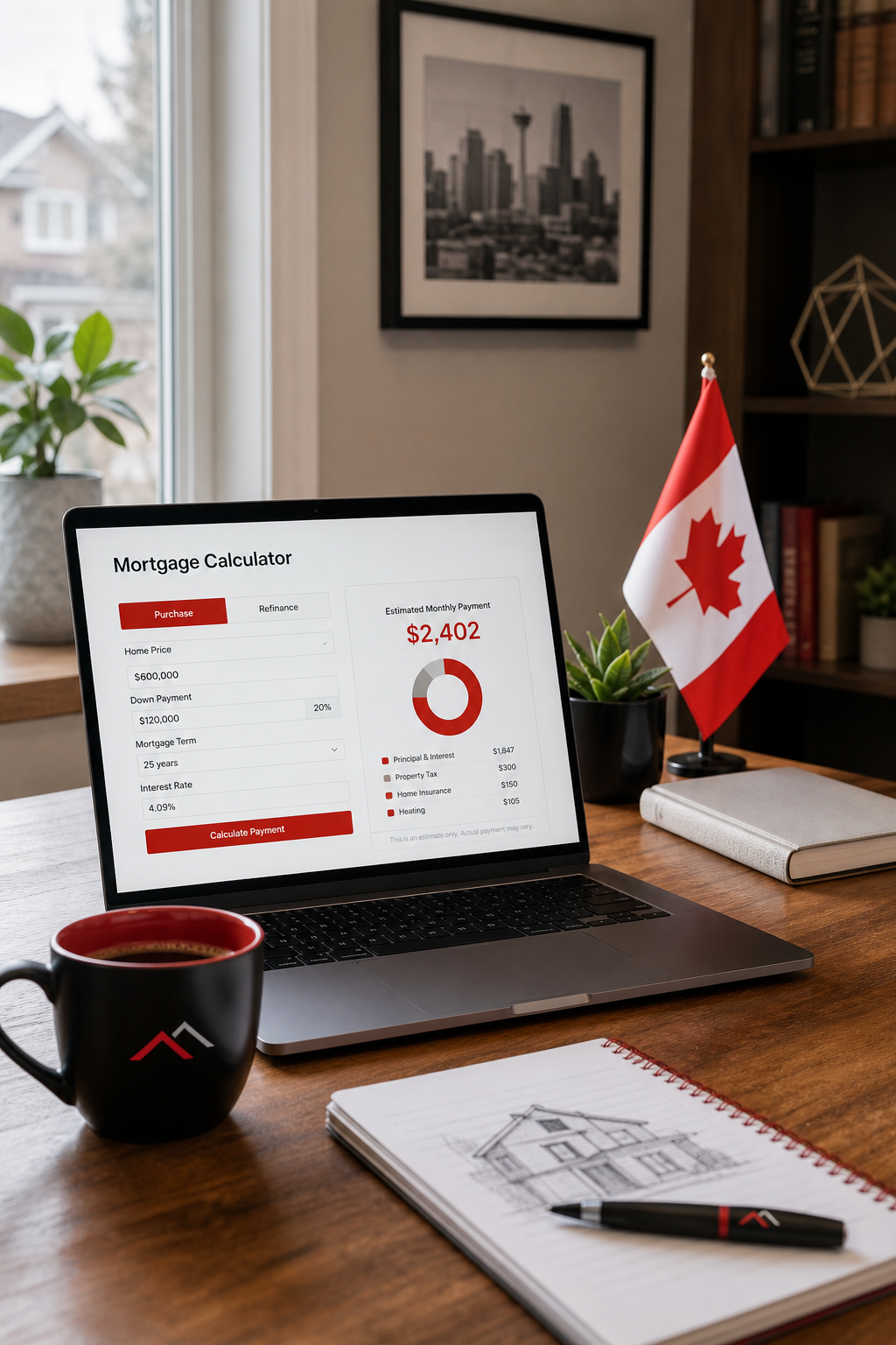 A photorealistic home office setup with a laptop showing a mortgage calculator, cup of coffee, and a small Canadian flag. Alt: Online mortgage application and rate comparison tools for Calgary home buyers