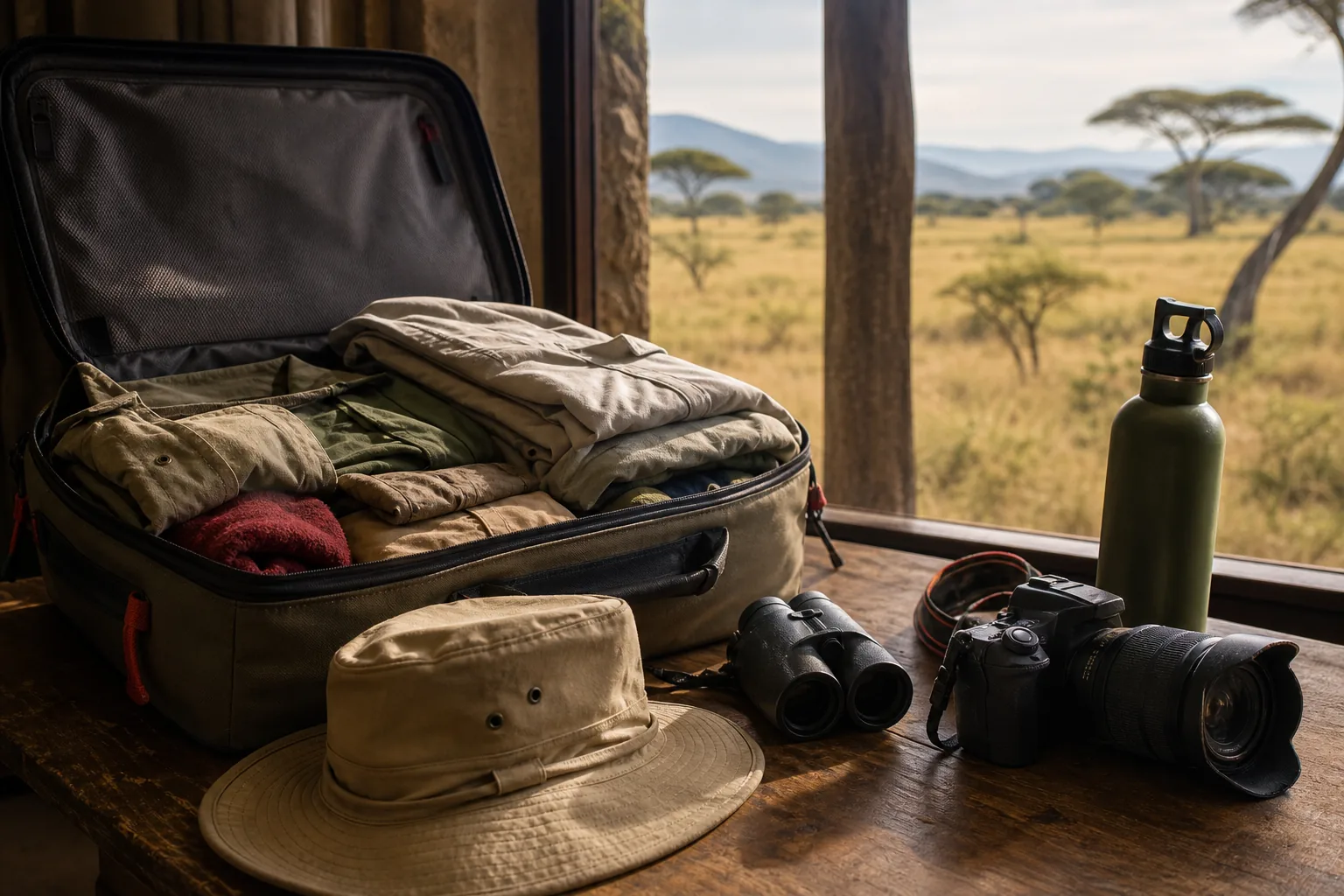Safari packing checklist with binoculars camera and layered clothing