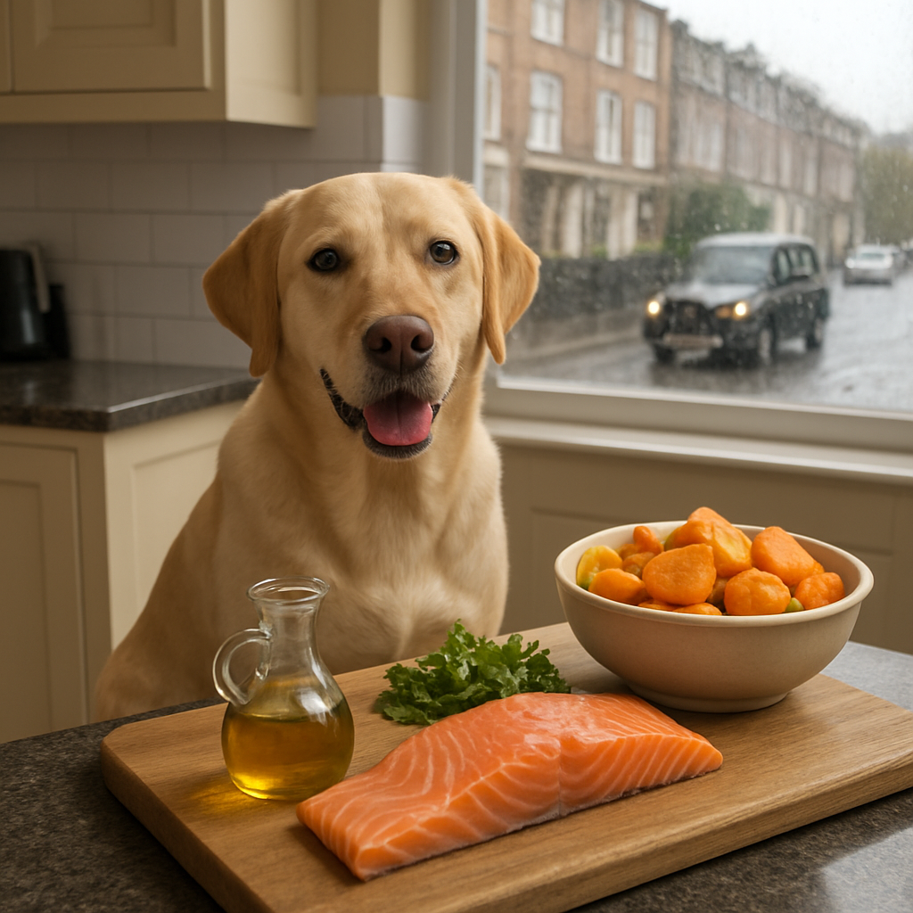 A photorealistic kitchen scene on a rainy British afternoon, showing a wooden cutting board with fresh salmon fillet, boiled sweet potatoes, olive oil, and parsley, with a happy Labrador Retriever sitting beside the bowl, ready to eat. Alt: Fresh fish recipe for dog nutrition in the UK.