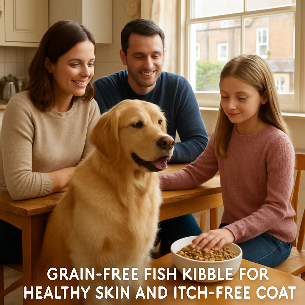 A photorealistic scene of a British family in a cosy kitchen, a golden retriever sitting beside a bowl of grain‑free fish kibble, natural daylight through a window, the kibble visible with salmon flakes and sweet‑potato bits, Alt: Grain‑free fish kibble for healthy skin and itch‑free coat in the UK.