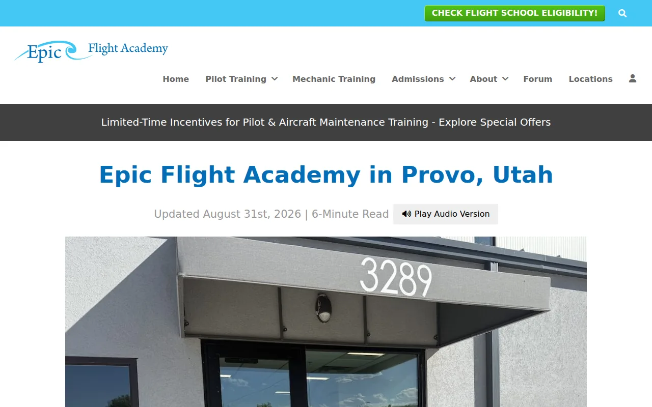 Screenshot of the Epic Flight Academy website