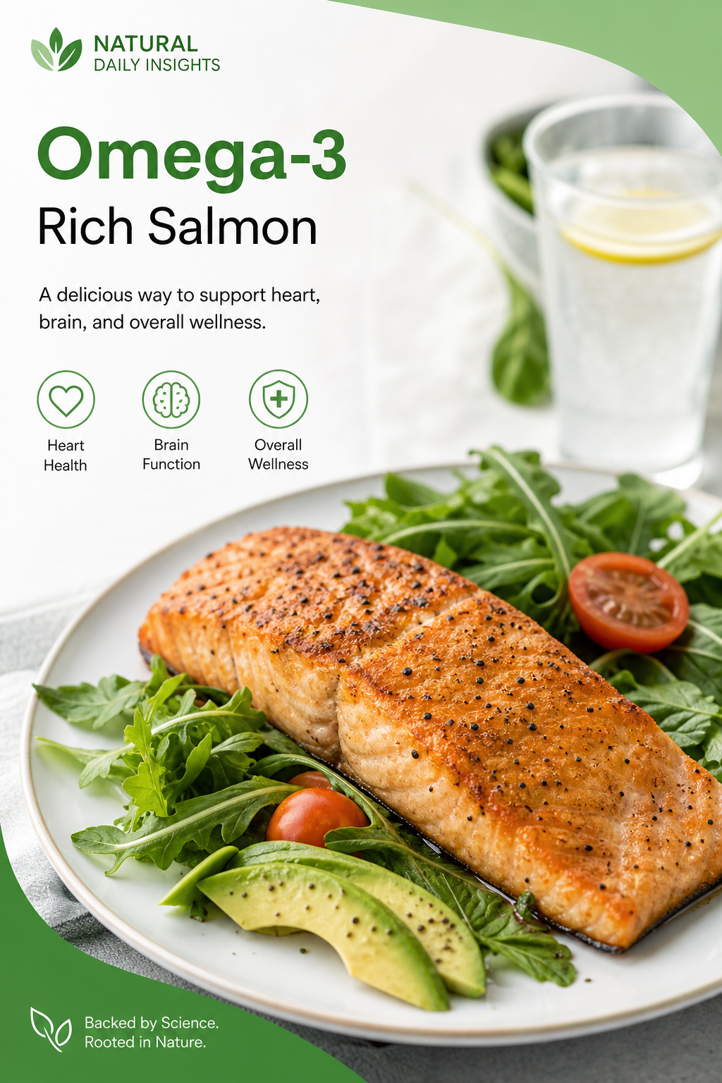 A photorealistic close-up of a cooked salmon fillet on a plate with greens, Realism style. Alt: Omega-3 rich salmon on a plate.