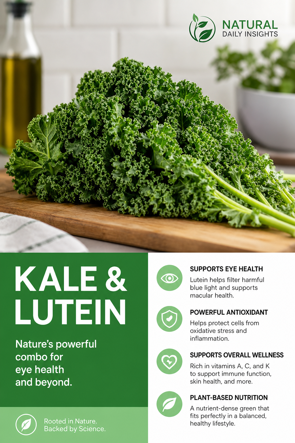 A vivid, leafy kale bunch on a cutting board, Realism style. Alt: Kale and lutein focus.