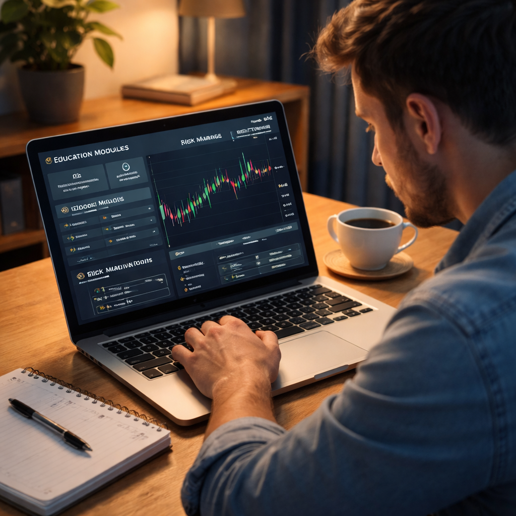 A photorealistic scene of a beginner trader at a home desk, looking at a laptop screen that shows a forex trading platform with highlighted education modules, risk‑management tools like stop‑loss and take‑profit, and a demo‑account balance of £10,000. The room is softly lit, a notebook and a cup of coffee sit beside the laptop, conveying a focused learning environment. Alt: Beginner using broker’s education and demo tools to practice forex trading.