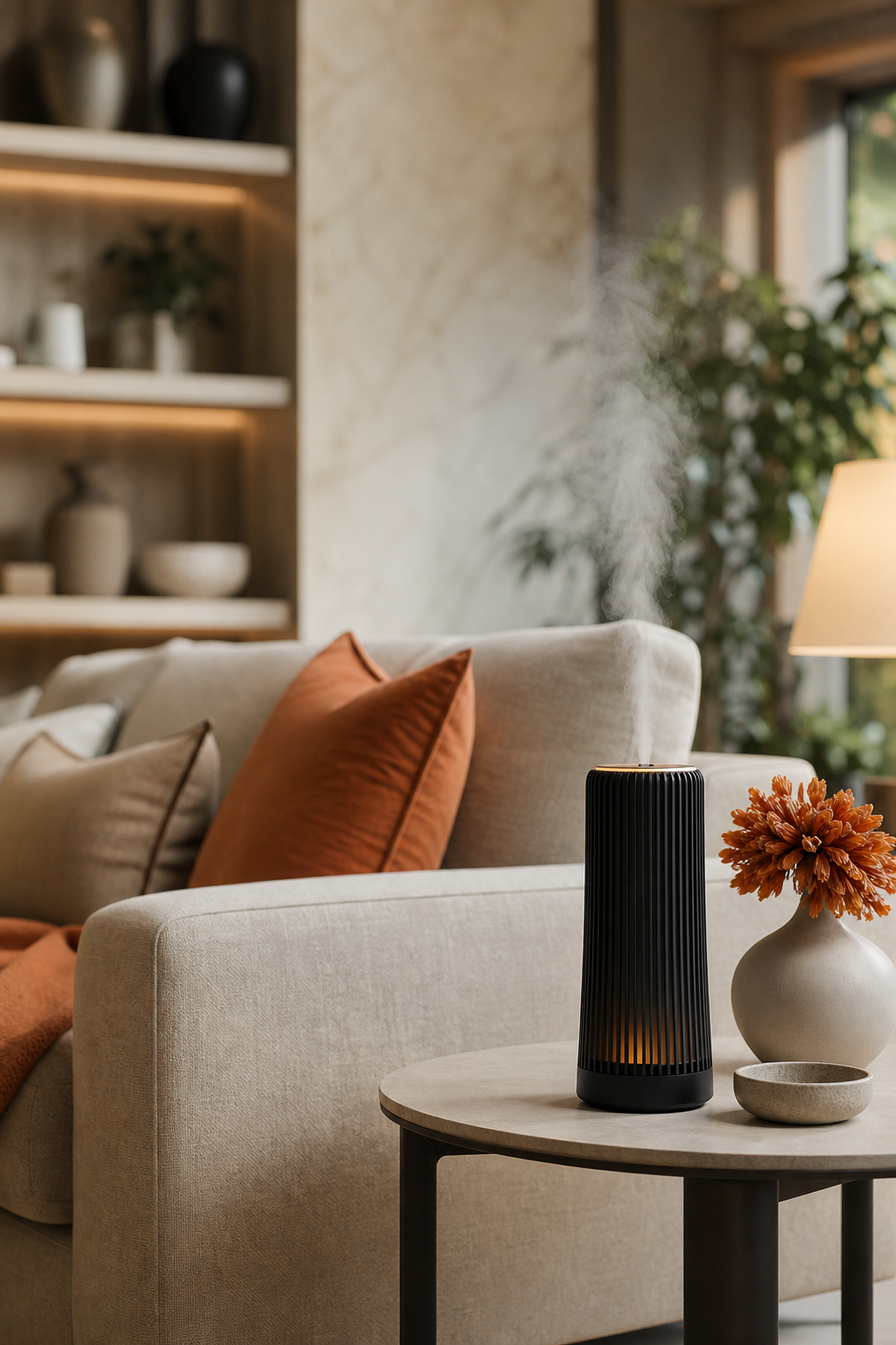 A photorealistic lifestyle scene of a modern living room with warm ambient lighting, a sleek cold-air diffuser on a side table releasing a subtle mist, surrounded by elegant home decor in neutral tones and terracotta accents. Alt: best fragrance oil blends for heat-free cold air diffuser in a luxury living room setting.