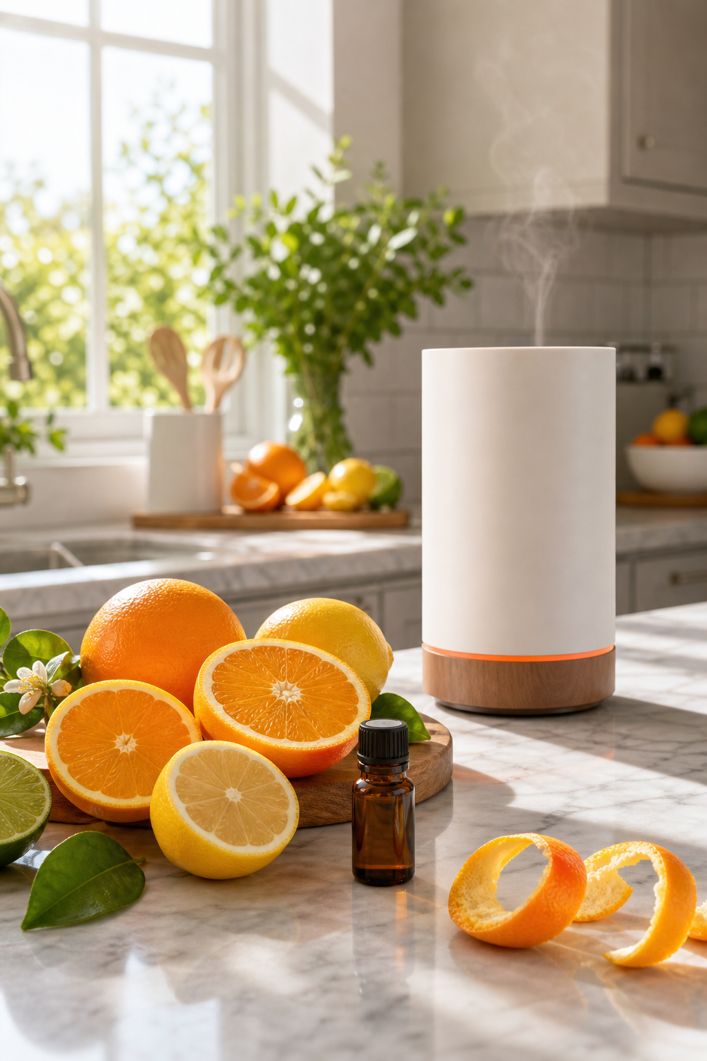 A bright, sunlit kitchen interior with fresh citrus fruits on a marble countertop, a sleek cold-air diffuser in the background, and natural light streaming through a window. Alt: fresh citrus fragrance oil blend for heat-free cold air diffuser in a modern kitchen.