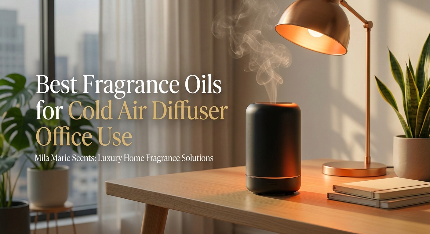 A photorealistic scene of a modern, light-filled office with a sleek cold-air diffuser on a minimalist desk, subtle wisps of dry mist visible in warm ambient light, green plants in background, brand accent color #FF6B00 reflected in warm desk lamp glow. Alt: best fragrance oil for cold air diffuser office on a modern desk setup.
