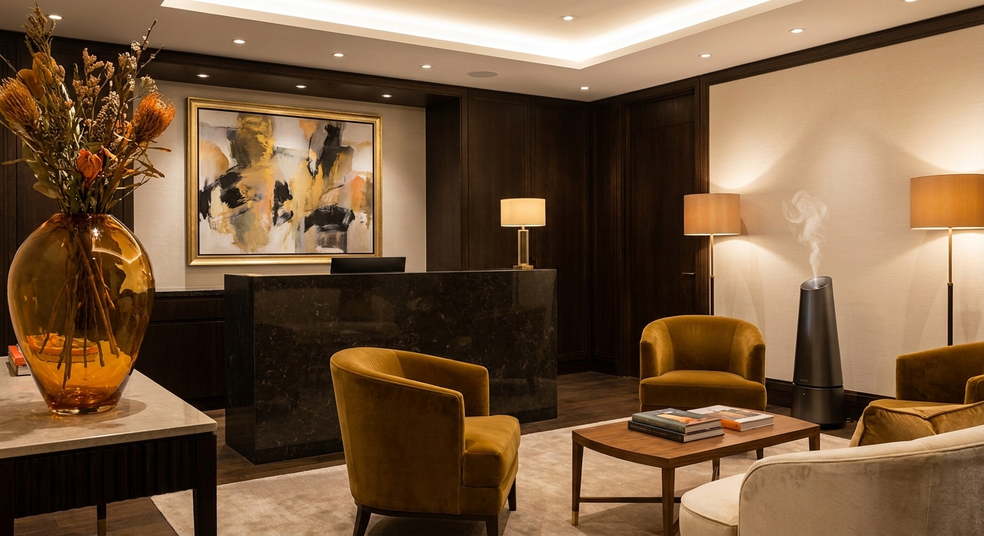 A warm, elegant office reception area with soft lighting, a polished stone desk, and a faint dry-mist diffuser in the corner, evoking a five-star hotel lobby atmosphere with rich amber tones and a #FF6B00 accent in a decorative element. Alt: hotel-style fragrance oil diffusing in a luxury office reception area.
