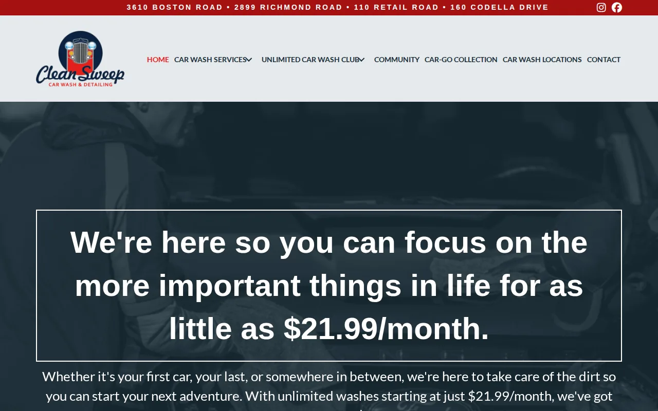 Screenshot of the Clean Sweep Car Wash website