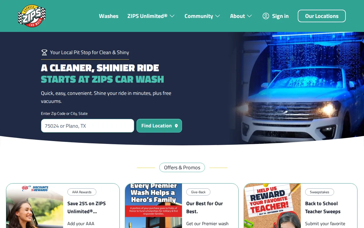 Screenshot of the ZIPS Car Wash website
