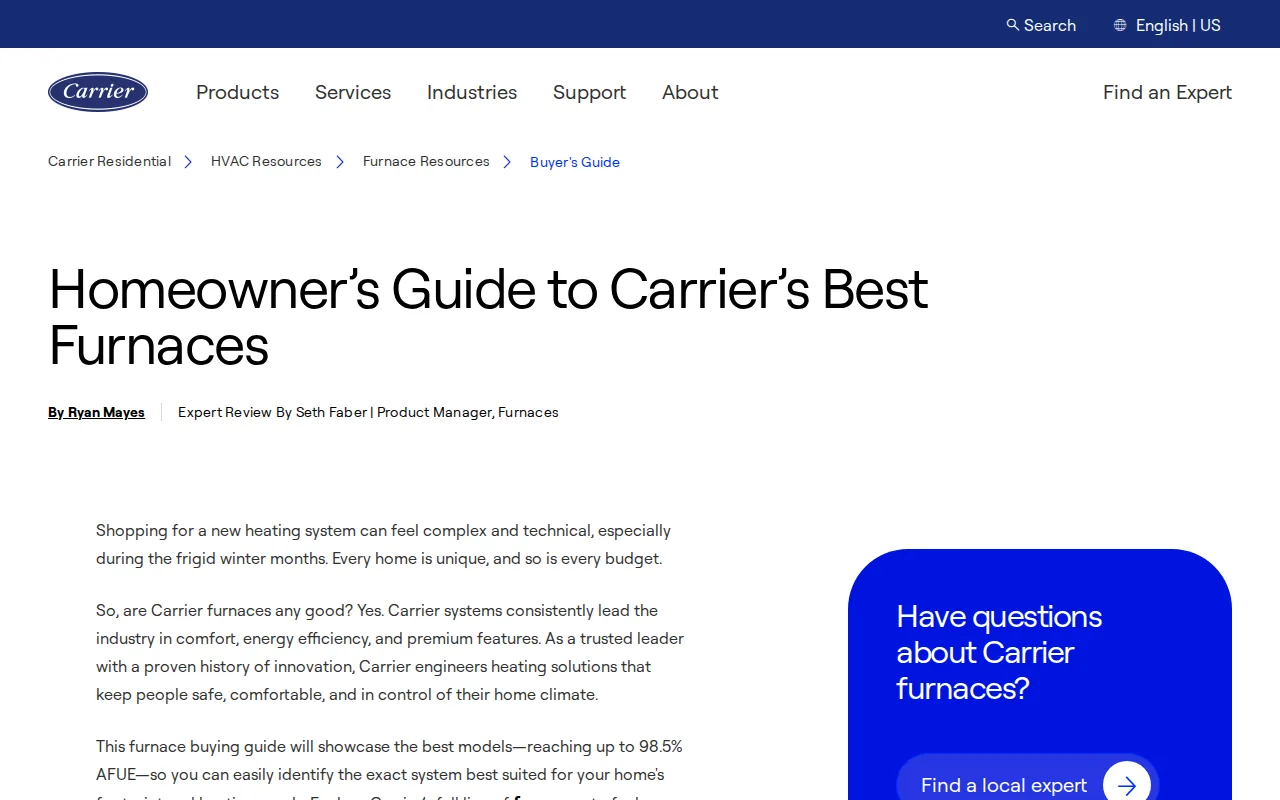 Screenshot of the Carrier website