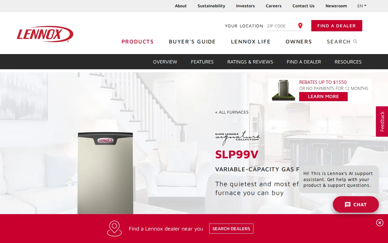 Screenshot of the Lennox website