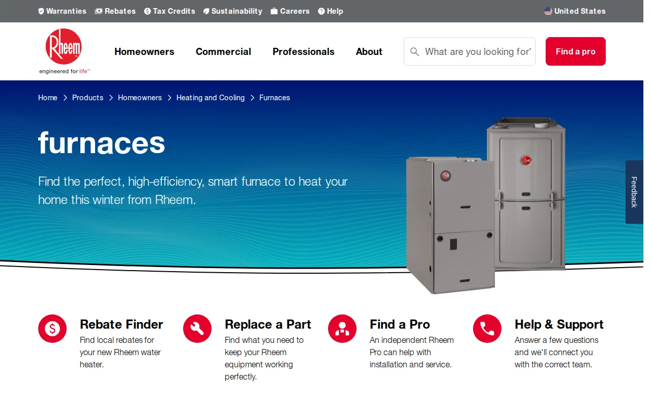 Screenshot of the Rheem website