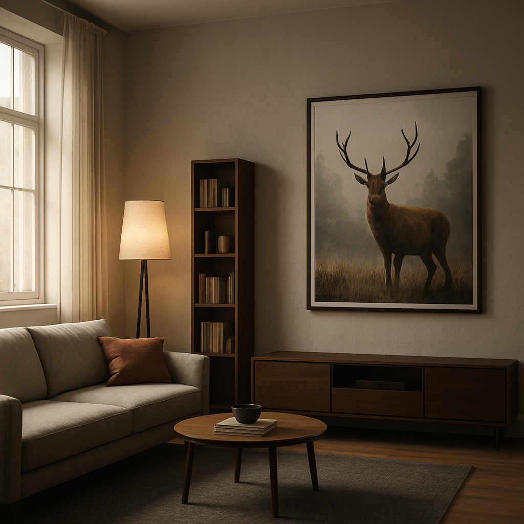 A cinematic, photorealistic scene of a compact living room with a low‑profile sofa against a wall, a sleek media console, a tall narrow bookshelf, a decorative umbrella casting soft light, and a striking wildlife art print on the opposite wall. Soft natural daylight streams through a large window, highlighting the thoughtful furniture layout. Alt: Best furniture layout for small living room showing balanced zones and vertical accents.