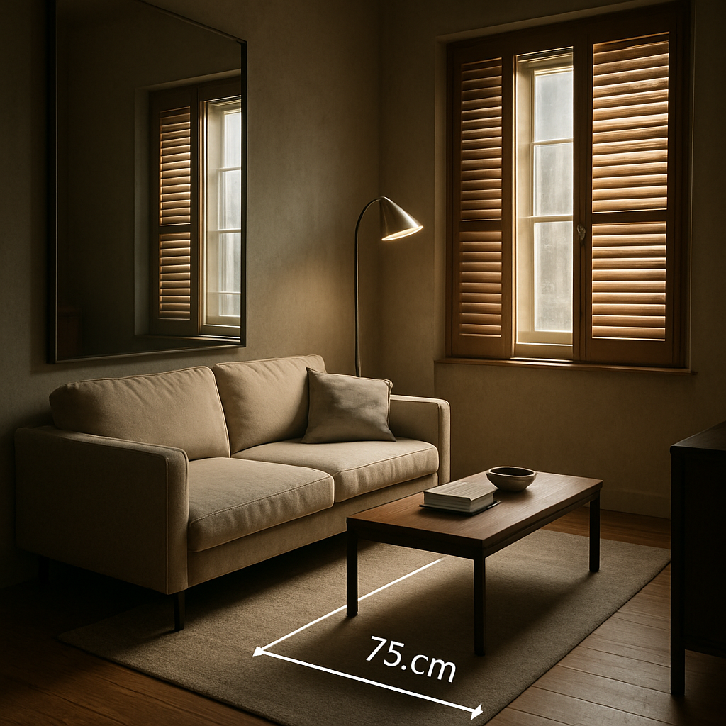 A cinematic, photorealistic scene of a compact living room with a low‑profile sofa, a tall mirrored wall opposite a window, a brushed‑metal floor lamp beside the sofa, wooden plantation shutters, and a clear 75 cm traffic pathway highlighted, showcasing how light and flow enhance the best furniture layout for a small living room. Alt: Small living room optimized for light and flow.