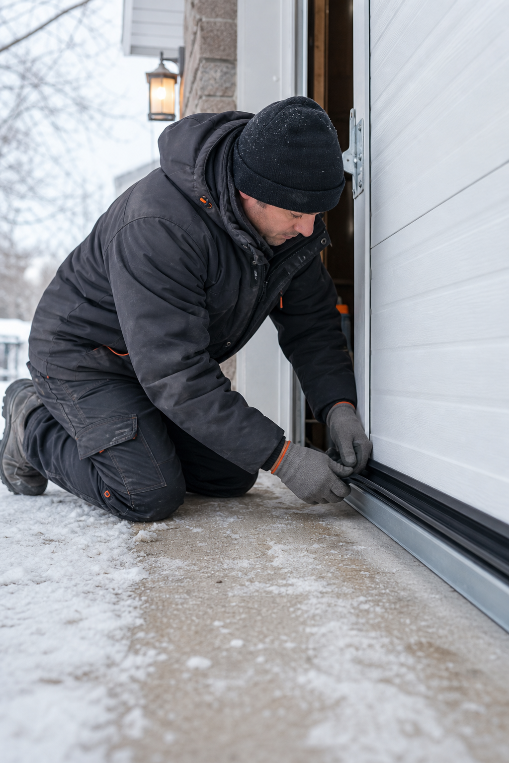 A person measuring the width of a garage door bottom track with a tape measure, focusing on the track channel. The scene is a real garage interior with tools nearby. Alt: Measuring garage door bottom track width for weather seal replacement.