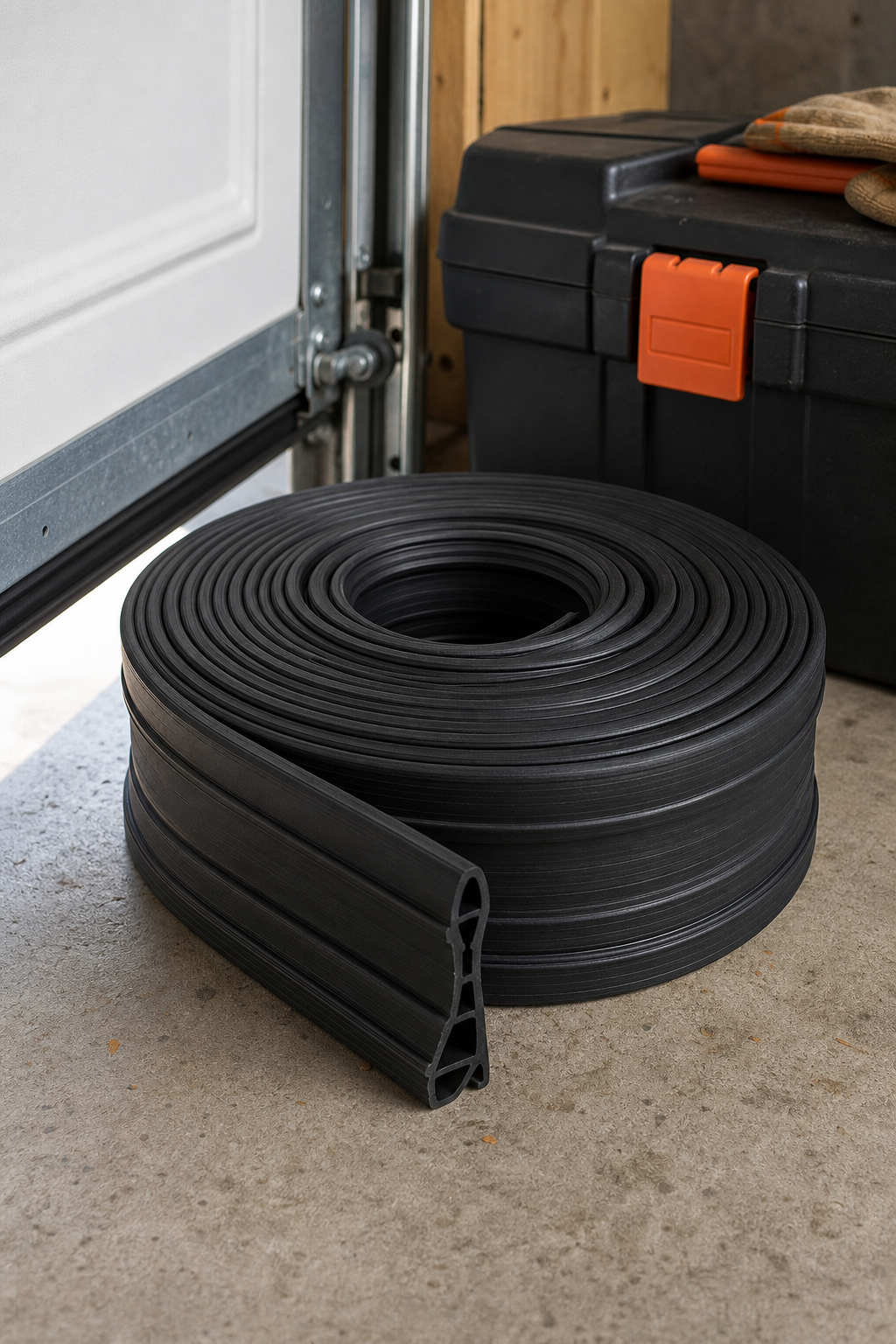 A close-up of a T-style garage door bottom seal being slid into the aluminum track channel, with hands holding the seal. The background shows a partially open garage door. Alt: Sliding T-style garage door bottom rubber seal into track channel during installation.