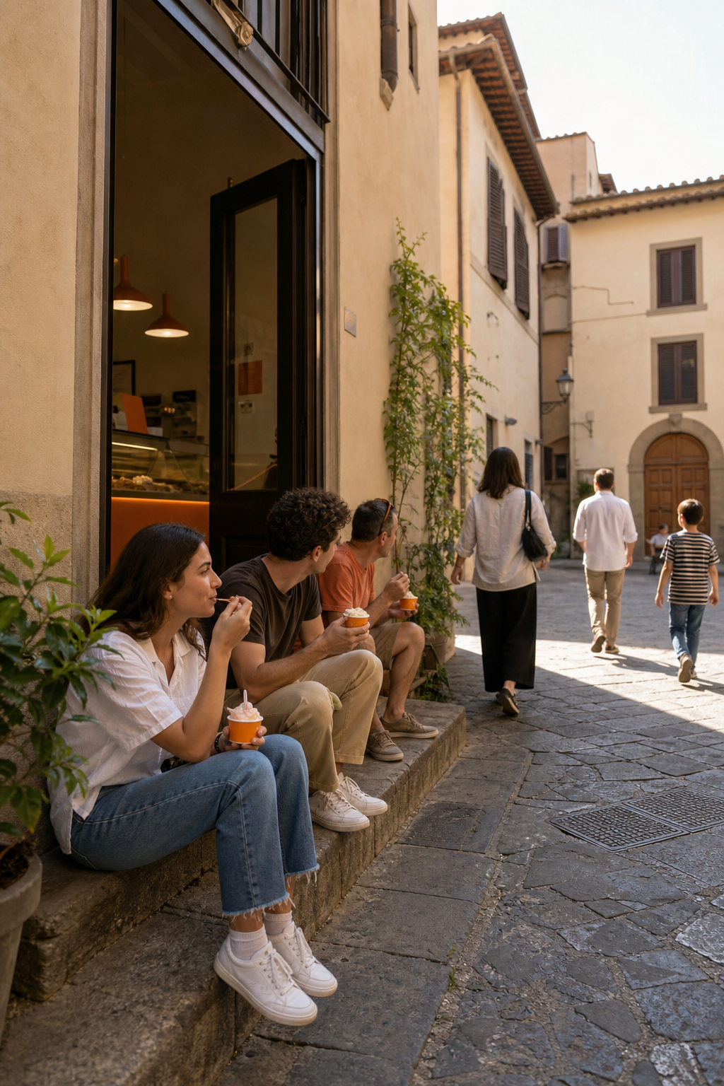 A photorealistic 16:9 scene of a small, sunlit Florentine piazza with cobblestones and terracotta-toned buildings, a compact gelato shop with an open doorway, locals sitting on steps eating gelato in paper cups, warm afternoon light casting long shadows