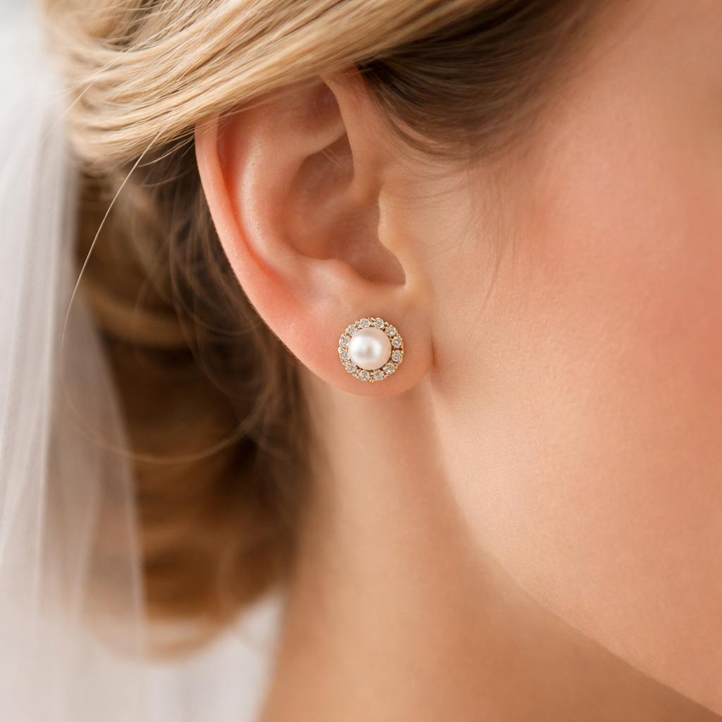A close‑up of a bride’s ear wearing elegant freshwater pearl and 18k gold vermeil studs, Realism style. Alt: best gemstone earrings for weddings with pearl studs