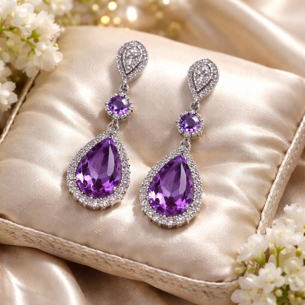 A stylized image of amethyst dangle earrings on a silk cushion, Realism style. Alt: budget-friendly best gemstone earrings for weddings featuring amethyst