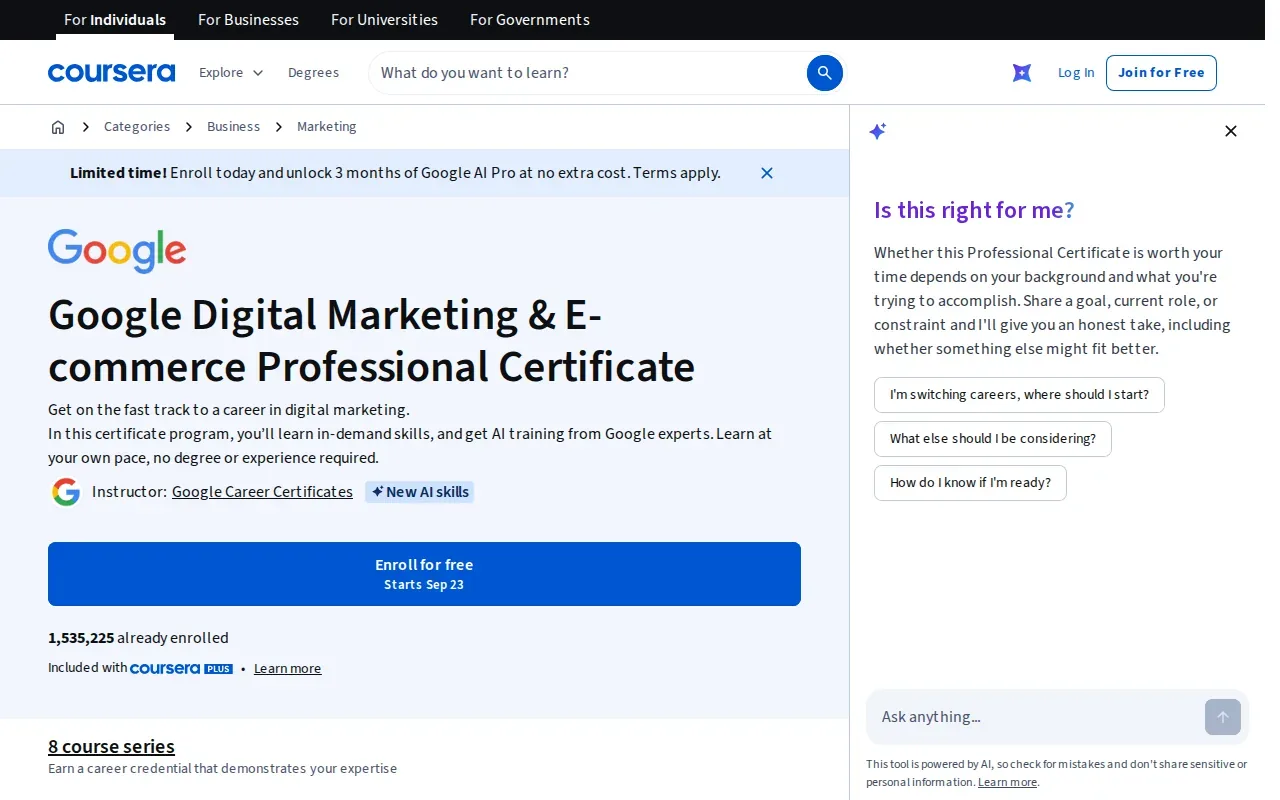 Screenshot of the Google Digital Marketing & E-commerce Professional Certificate website