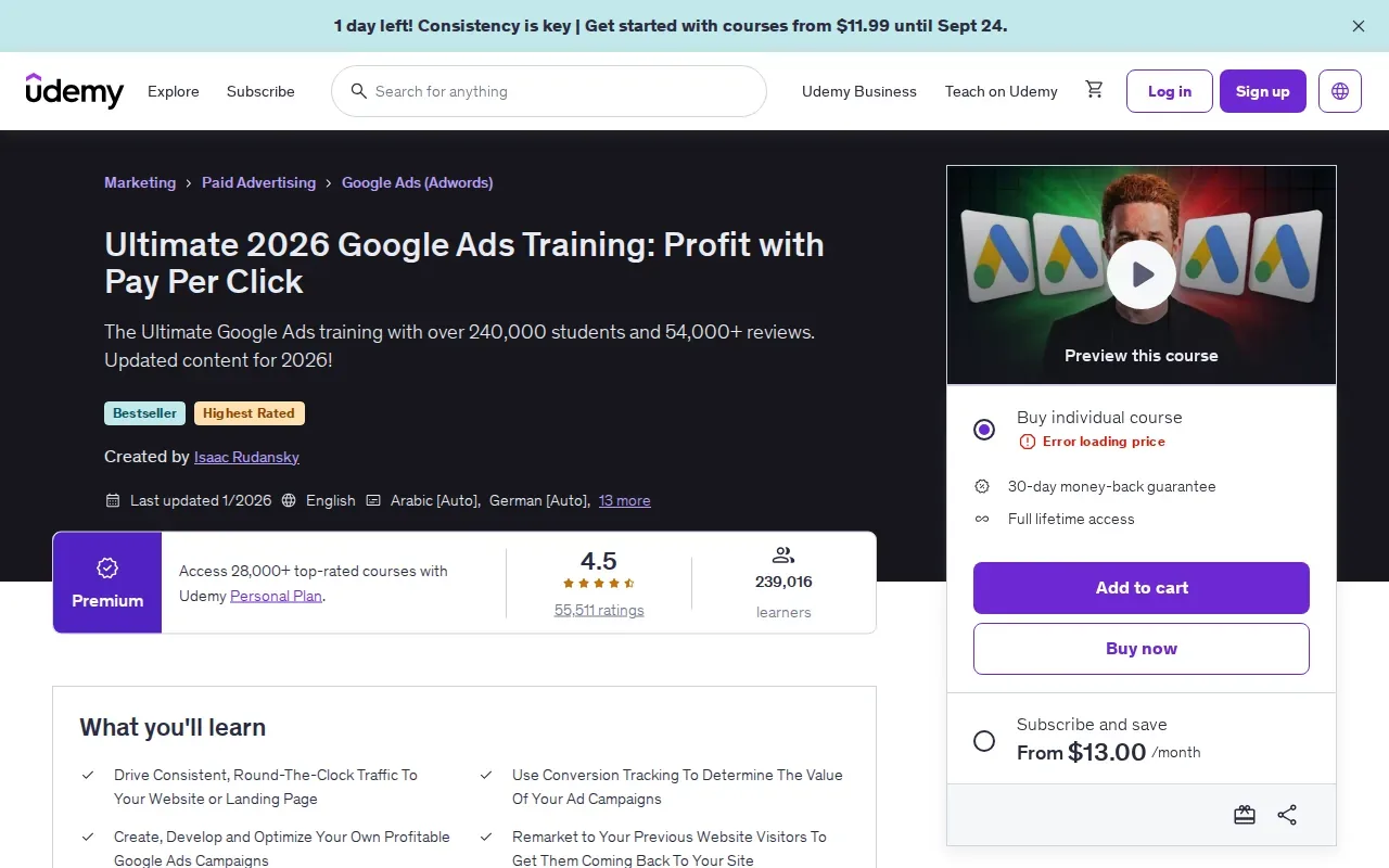 Screenshot of the Ultimate Google Ads Training by Udemy: broad website